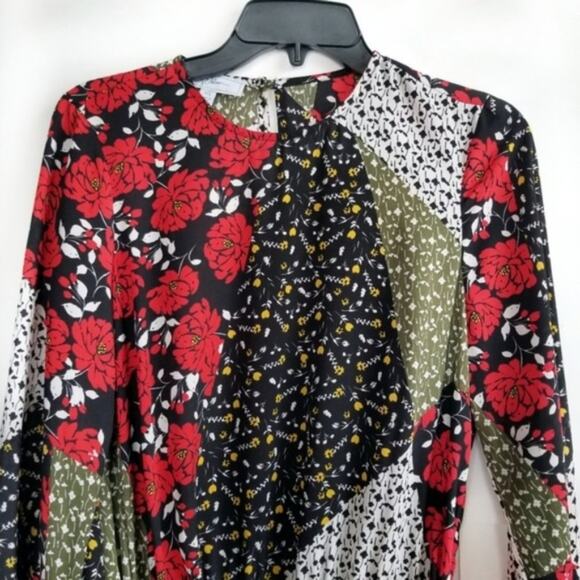 Libby Edelman Floral Patchwork Long Sleeve Dress Green & Red Size X-Small - Picture 8 of 8